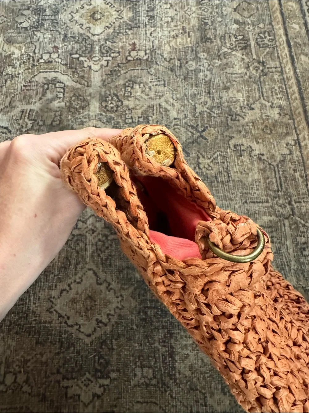 FREE PEOPLE Woven Orange Straw Clutch Bag Bamboo Handles - Picture 5 of 8